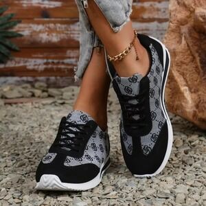 NEW Womens Black Gray Monogram Floral Print Lace Up Fashion Sneakers US 7.5